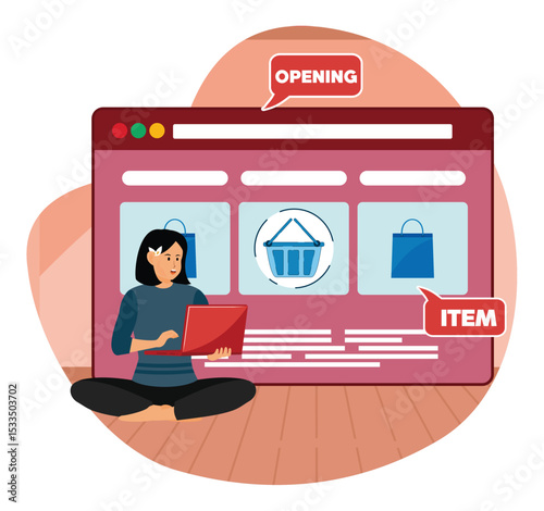 Creating online shop concept. Woman creates online store with laptop and interactive tools.
