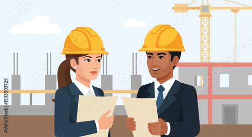 Construction Professionals Reviewing Building Plans at Site