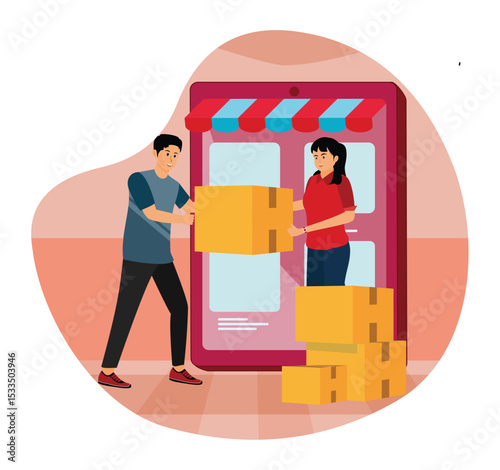 Shipping order to customer. Female customer received package from courier.