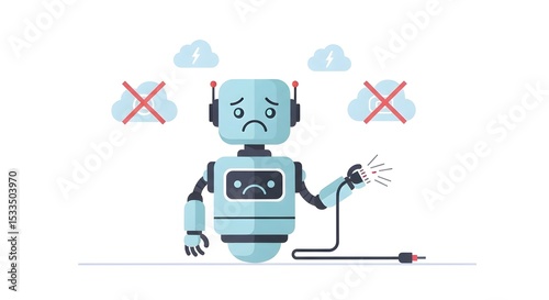 Sad robot holding a disconnected wire with crossed out clouds in the background