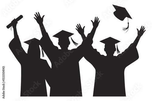 Triumphant Graduation: Silhouetted figures of graduates celebrate a milestone, throwing their caps in the air, symbolizing achievement, freedom, and the beginning of a new chapter. 