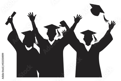 Silhouette of Graduation Ceremony: A Silhouette art illustrates group of graduate students in cap and gown celebrate throwing their hats in the air in graduation ceremony.