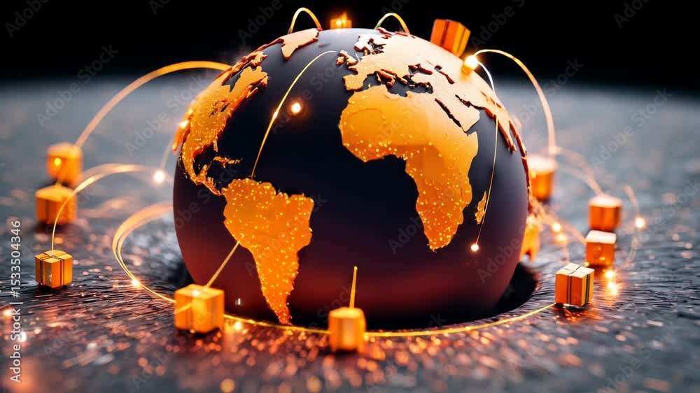 Global Network: A conceptual image of a stylized globe, adorned with interconnecting lines and nodes that symbolize global interconnectedness. This digital artwork perfectly embodies communication.