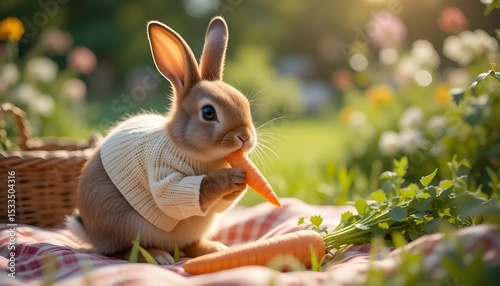 A sweet bunny in a sweater enjoys a carrot picnic in a sun drenched meadow embodying springtime joy and natural beauty