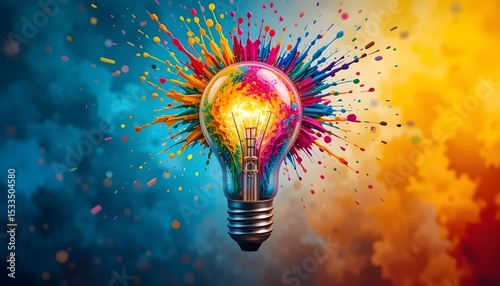 Unleashing Creativity A lightbulb glows bursts of vibrant color as a symbol of innovative ideas and artistic vision