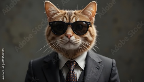 A sophisticated cat a feline CEO striking a power pose wearing sunglasses and a tailored suit against a simple grey