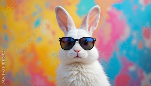 A cool white rabbit with sunglasses striking a pose for spring break against a vibrant psychedelic background with a