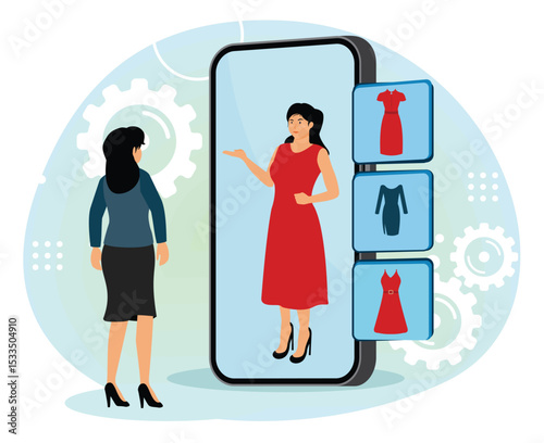 Virtual Fitting Room concept. Woman Exploring Virtual Clothing Options.