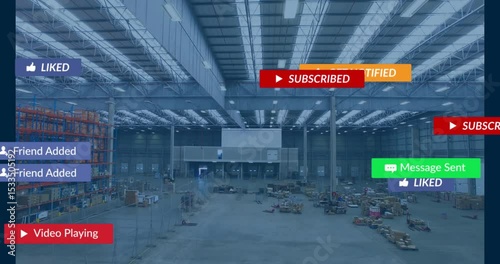 Camera starting panning through warehouse overlays fading drifting vanishing revealing warehouse