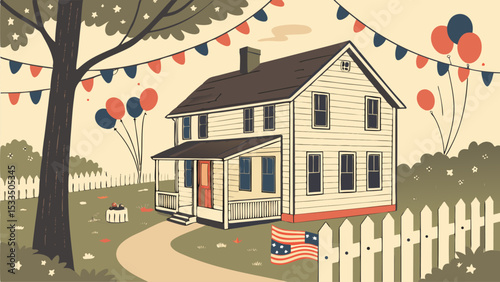 Illustration of a two story house with balloons and bunting in a yard with a picket fence and a tree