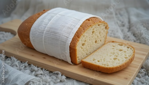 Freshly baked bread resting after coming out of the oven wrapped in a cloth on a wood cutting board with natural soft