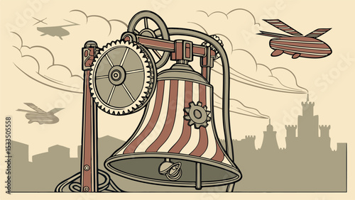 Illustration of a steampunk bell with gears and striped pattern against a cityscape background with airships
