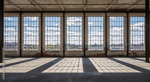 Sunlit Abandoned Warehouse with Industrial Windows and Urban Skyline View