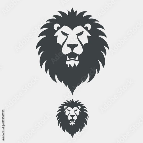 Vector logo- A powerful, roaring lion head in two sizes, embodying strength, ferocity, and royalty in a bold style