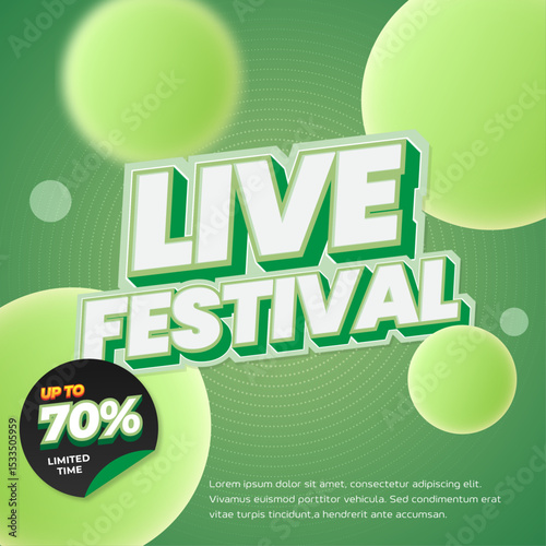 Live Festival Sale discount deals Editable text effect Mix soft green gradient 3d bubbles circle Square Promotion Marketing banner