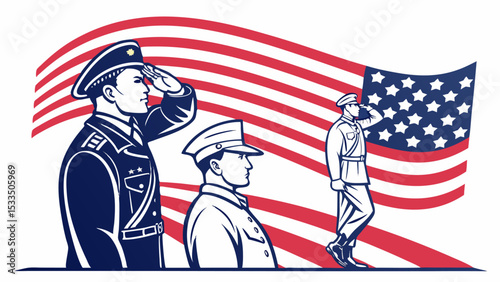 Three military officers saluting in front of a stylized american flag with red and white stripes design