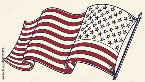 Illustration of a waving american flag with red stripes and white stars on a beige background design element