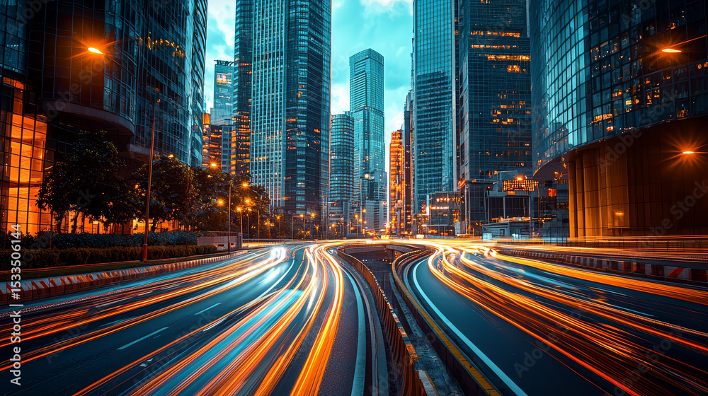 Naklejka premium road in city with skyscrapers and car traffic light trails. infrastructure and transportation background