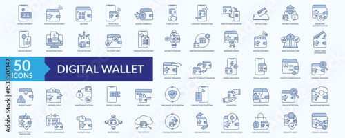 Digital wallet icon collection set with e-wallet app, digital currency, cashless transaction, fraud detection, real time notification