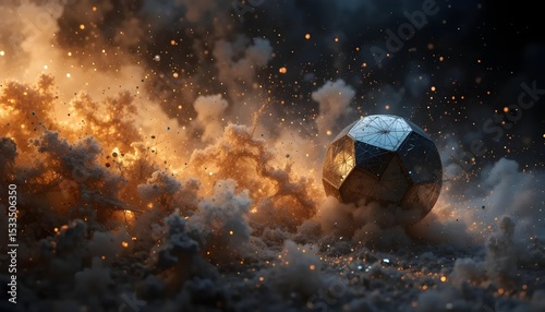 A futuristic soccer ball emerges from smoky clouds glittering with hope and ambition lit by ethereal golden highlights