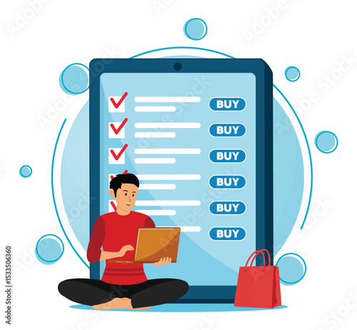 My order list concept. Man Shopping Online Using a Laptop with a Digital Tablet Displaying Options.