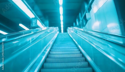 Modern turquoise escalator ascending in a public transit station.