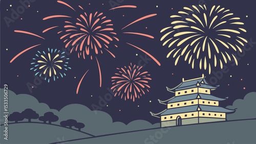 Fireworks display over a traditional asian building at night with trees and clouds in the landscape