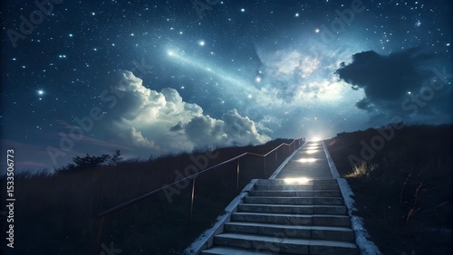Climbing stairs toward a luminous gateway beneath a starry night sky and swirling clouds evokes a sense of hope in wide