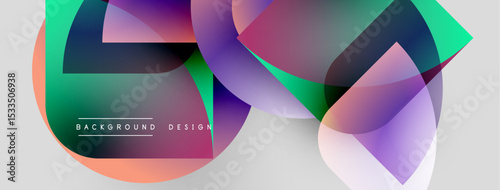 Abstract shapes overlap, creating vibrant color gradients. Modern design elements suggest fluidity, dynamism, innovation. Light background enhances visual impact.