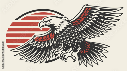 Illustration of an eagle with outstretched wings in front of a striped circle background design style