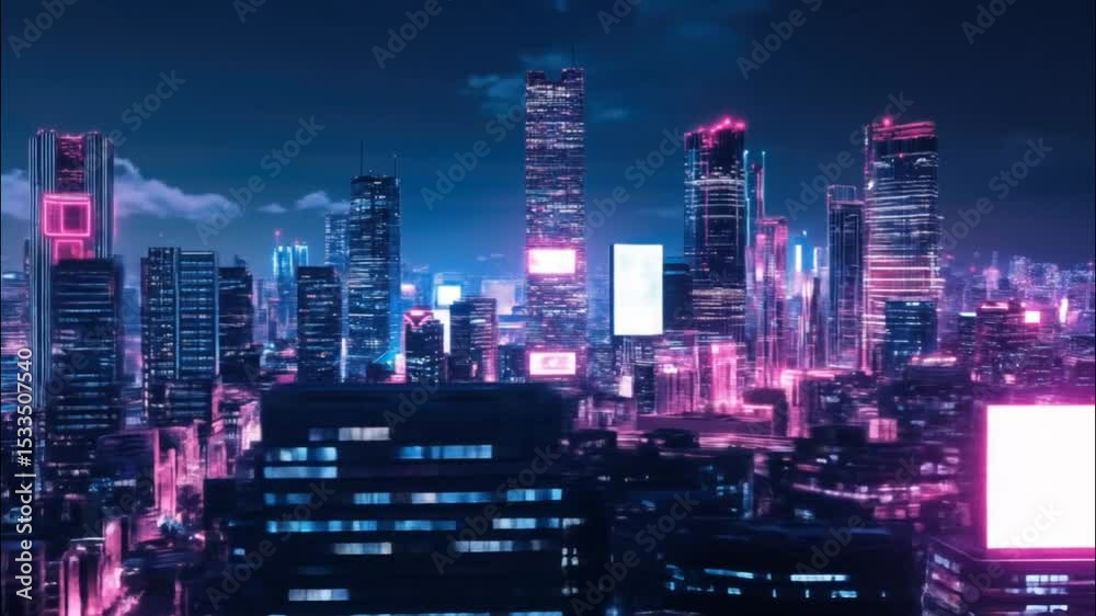 custom made wallpaper toronto digitalFuturistic cyberpunk city skyline at night with neon pink and blue lights, seamless looping 4k time-lapse animation video background