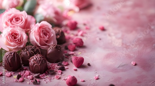 Decadent chocolates nestled among blush roses and candy hearts celebrating a sweet Valentine s with a textured pink