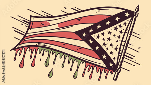 Stylized american flag with dripping paint effect and star spangled banner design on a beige background