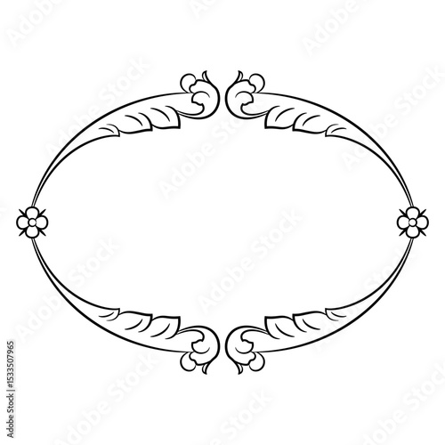 Oval shape frame with floral motifs. Baroque style. Black and white linear silhouette.