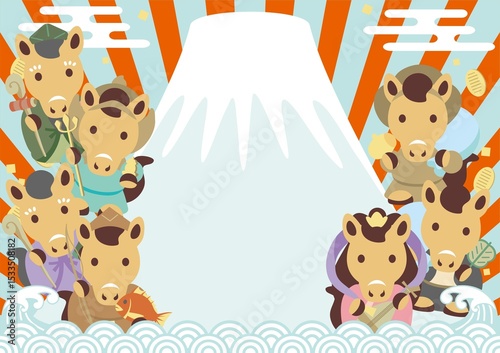 年賀2026　フレーム　干支　七福神　富士山　日の出　午年　午　馬　うま　かわいい　年賀状　イラスト