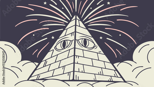 Illustration of a pyramid with an eye in the middle with fireworks and clouds in the background art style