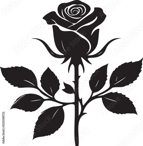 Black Rose Silhouette vector Black Rose with leaves on white background 