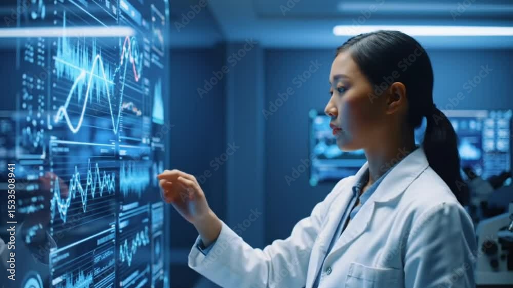 Female scientist analyzing data on futuristic touchscreen in lab environment, seamless looping 4k time-lapse animation video background