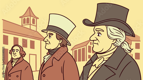 Illustration depicting three men in historical attire standing in front of a building in a town setting