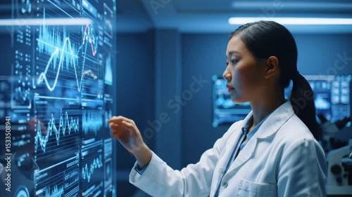 Female scientist analyzing data on futuristic touchscreen in lab environment, seamless looping 4k time-lapse animation video background