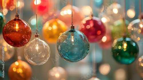 Gleaming holiday ornaments of vibrant colors suspended casting cheerful light as preparations fill the air with bokeh