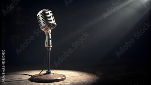 Captivating vintage microphone poised for a performance evoking the spirit of classic cabaret with dramatic spotlight