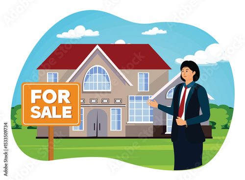 House for sale concept. Real Estate Agent Presenting House for Sale with Sign in Yard.