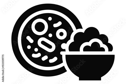 Delicious Meal: A hearty bowl of stew alongside a side of fluffy rice, presented as a simple yet appetizing illustration of a comforting meal.