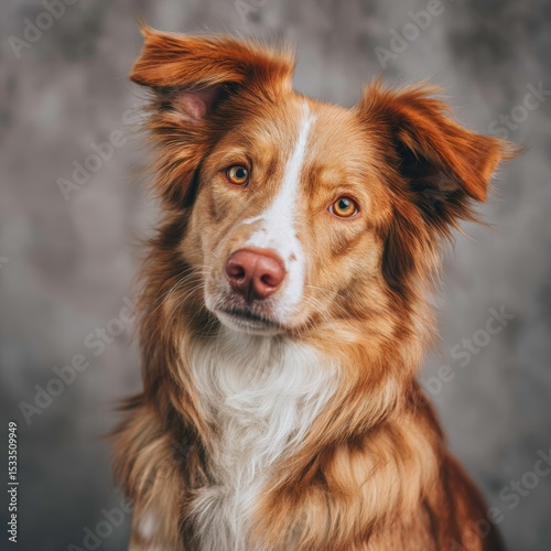 Brown and white dog gazes at the camera with a curious expression in a studio setting