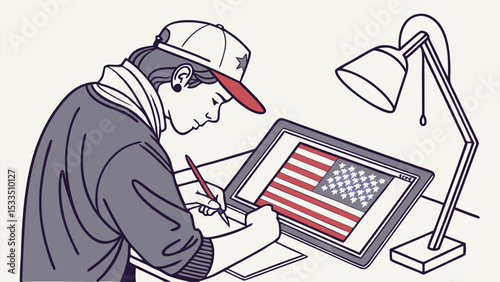 A person drawing the american flag on a digital tablet with a lamp and wearing a baseball cap near desk