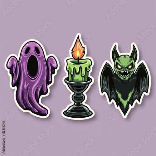 Colorful Halloween-themed stickers featuring a ghost, candle, and bat in a playful design suitable for decoration