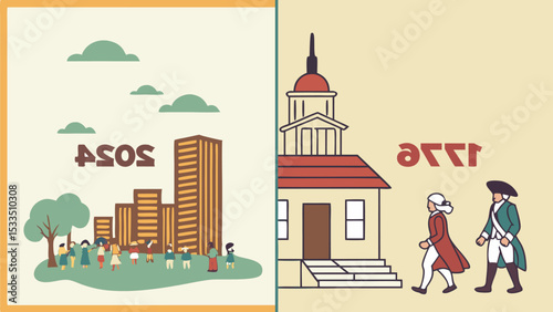 A split image showing a modern city scene with people and a historical scene with colonial figures and building