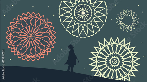 Silhouette of a person looking up at large decorative floral patterns in the night sky with stars around them