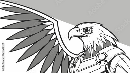 Illustration of an eagle with spread wings wearing armor in grayscale with a gray background area